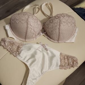 Gilligan & O'Malley Lace Push up Bra and Thong Panty Set - Cream and Dusry Pink